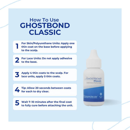 Invisible hair replacement adhesive for poly and lace systems back label details.