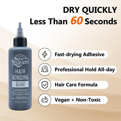 Waterproof hair extension adhesive bottle showcasing fluid ounce and milliliter details.