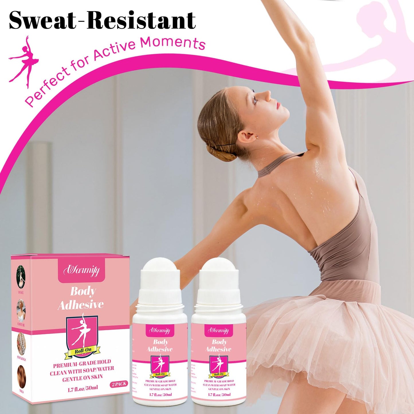 Warmify fashion glue applied to skin for strapless dress hold