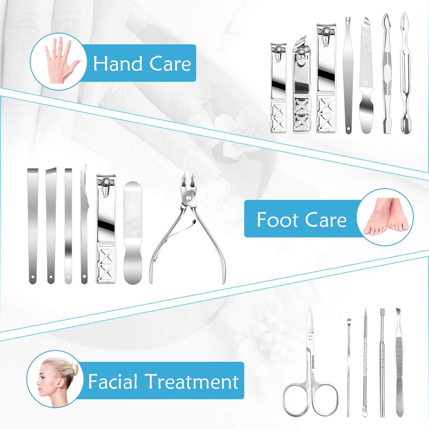 Close up of Teamkio stainless steel grooming tools and tweezers
