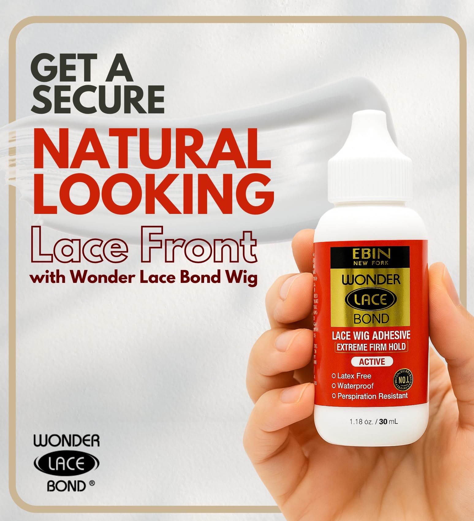 Waterproof lace wig glue bottle displaying the 1.18 ounce packaging details.