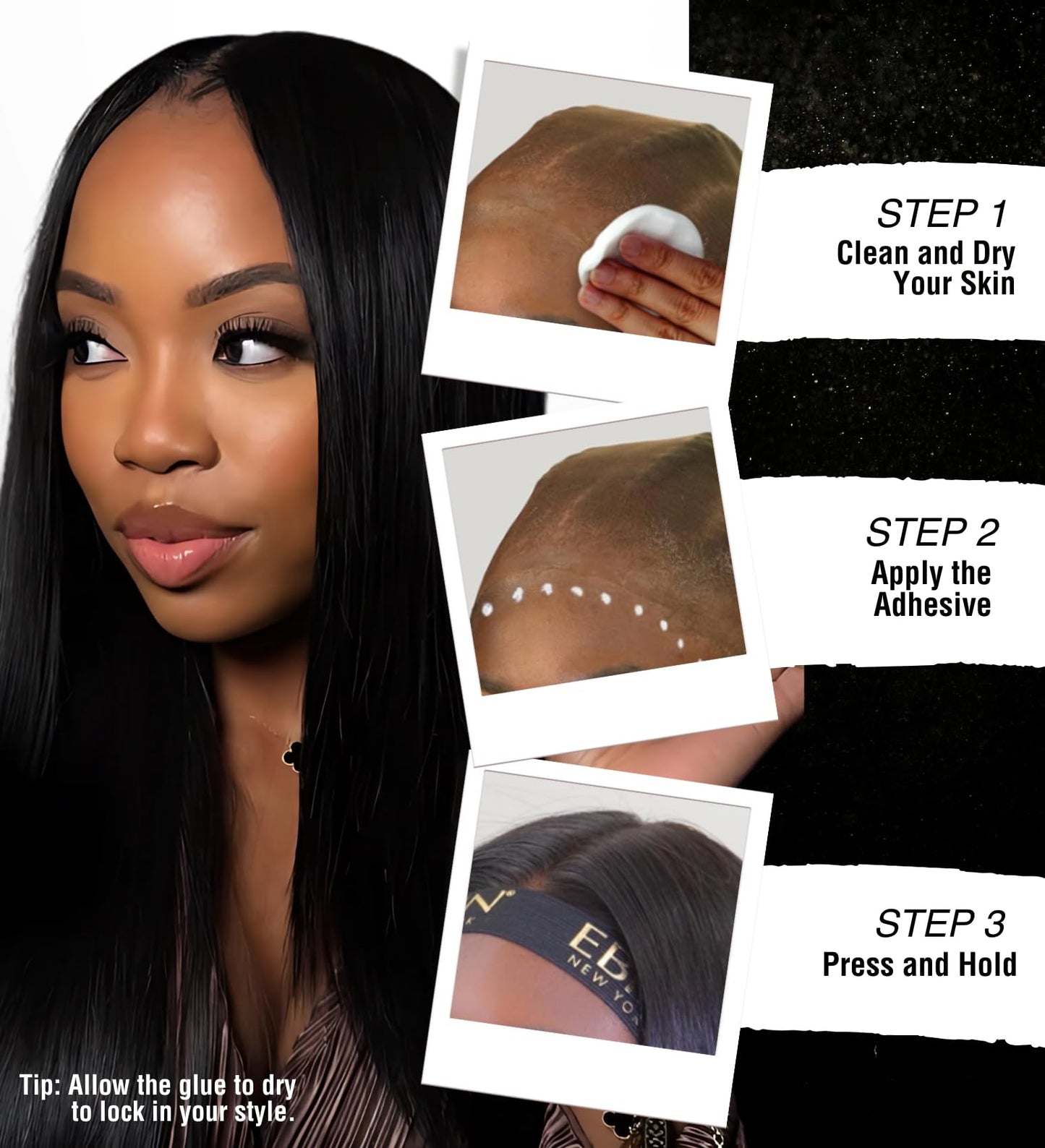 Extreme hold wig adhesive packaging showing instructions and skin safety certifications.