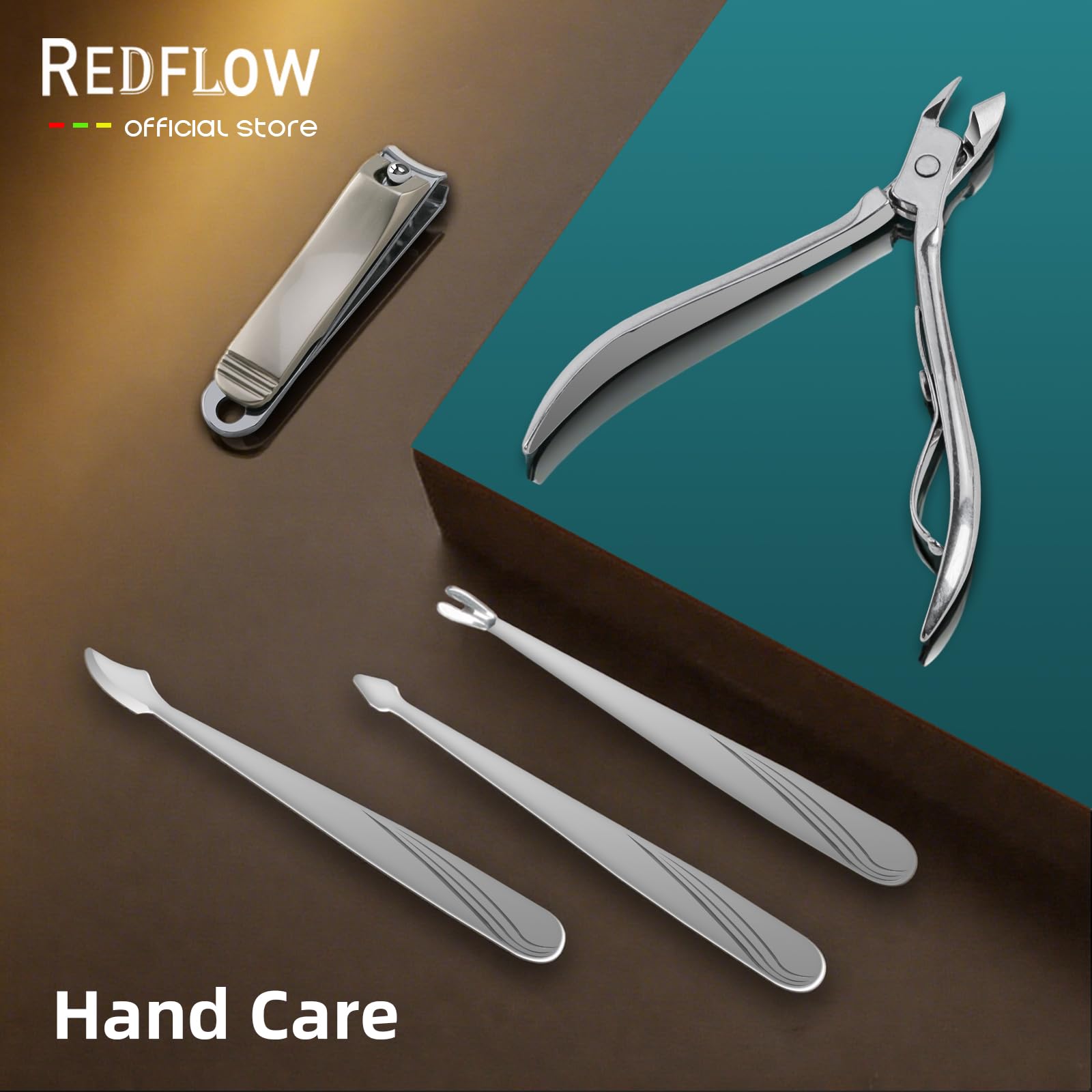 Open view of Redflow manicure kit showing 11 stainless steel tools