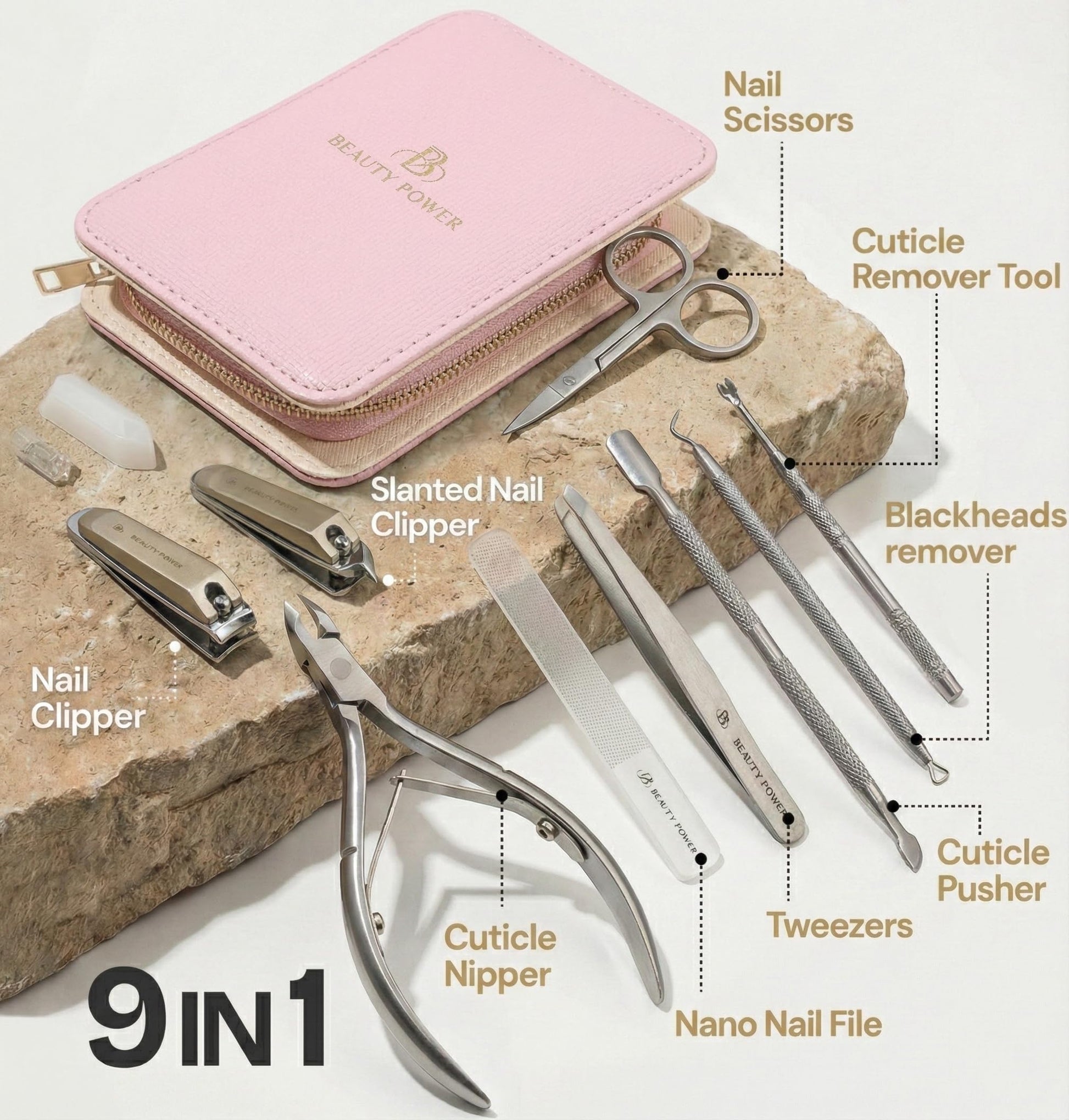 Beauty Power professional grooming kit open with stainless steel tools
