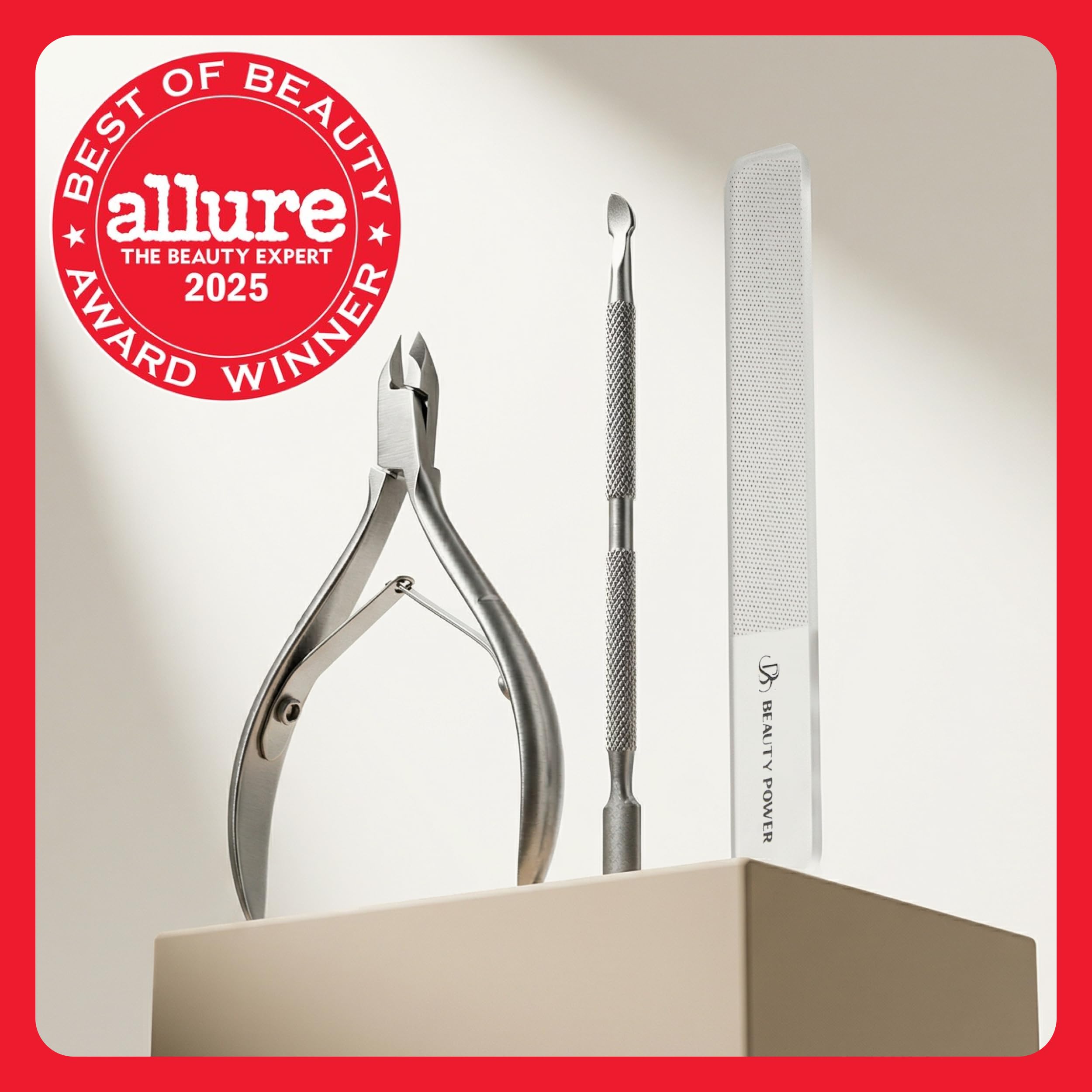 Close up of Beauty Power stainless steel nail clippers and nano file