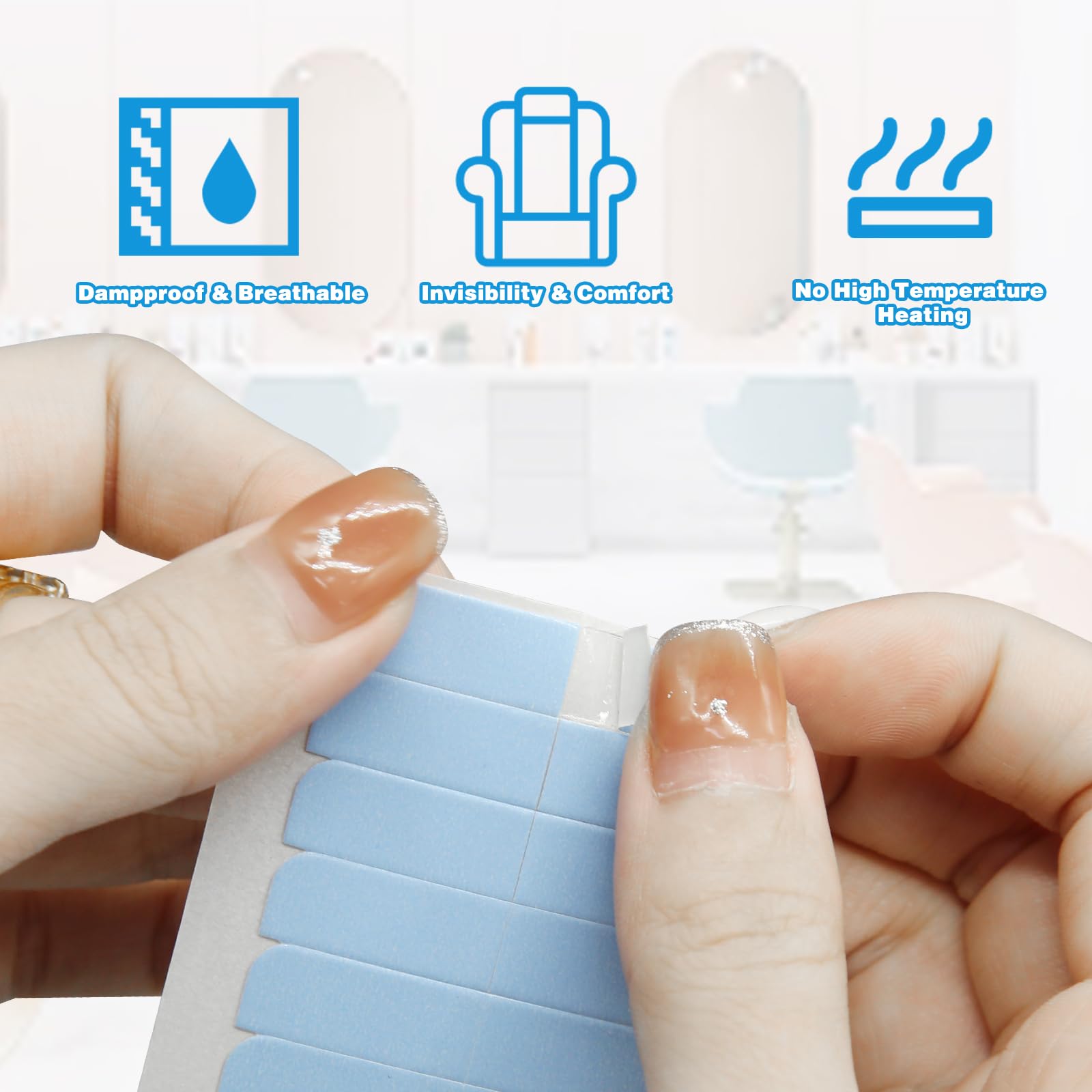 Canipha hair extension tape tabs close up view showing the pre cut rectangular transparent replacement stickers