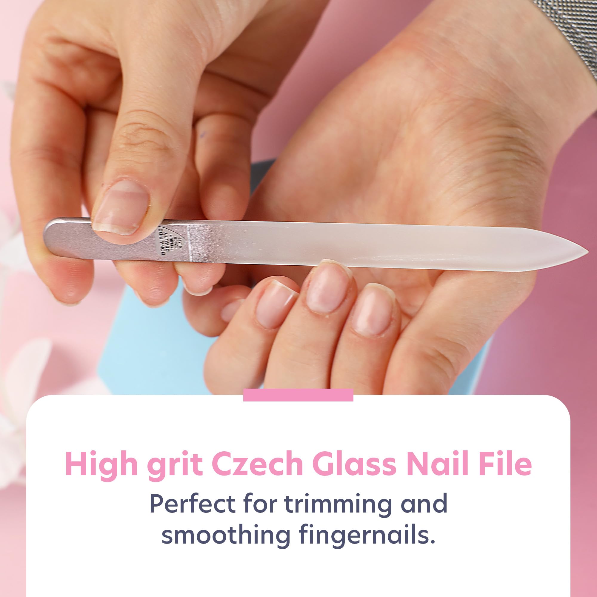 Close up of Bona Fide Beauty rose gold glass nail file texture