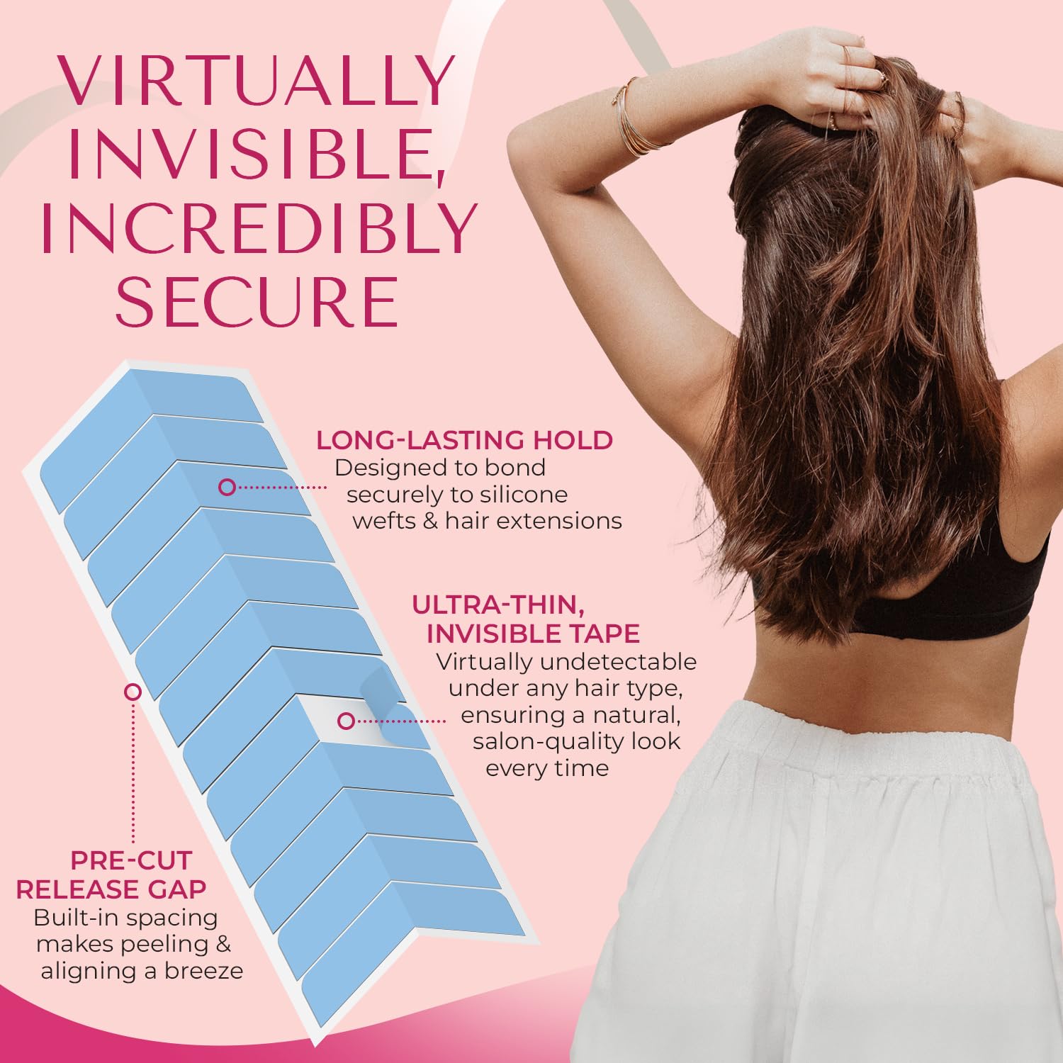 Close up of clear double sided hair extension replacement strips on a backing sheet