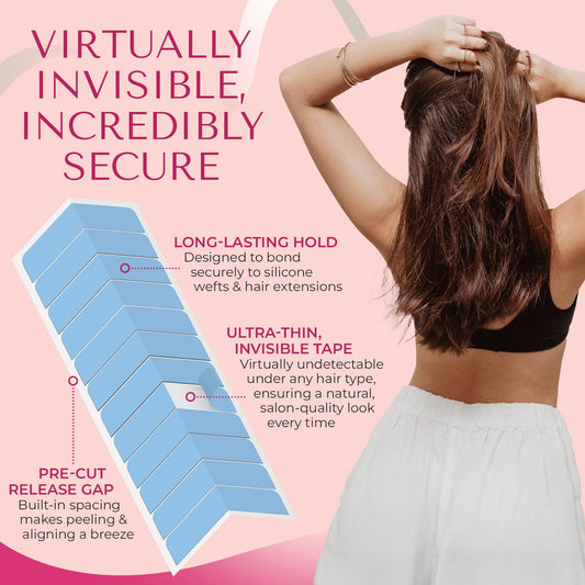 Close up of clear double sided hair extension replacement strips on a backing sheet