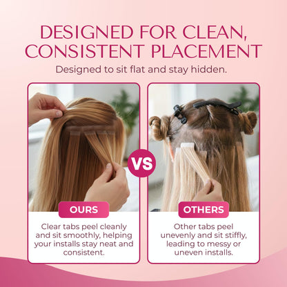 Demonstration of a clear replacement tape tab being applied to a hair extension weft