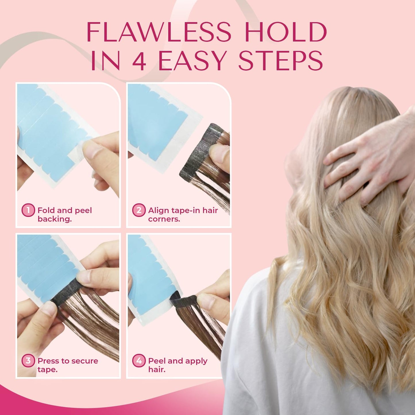 Water resistant clear adhesive strips for tape in hair extensions displayed on a plain surface
