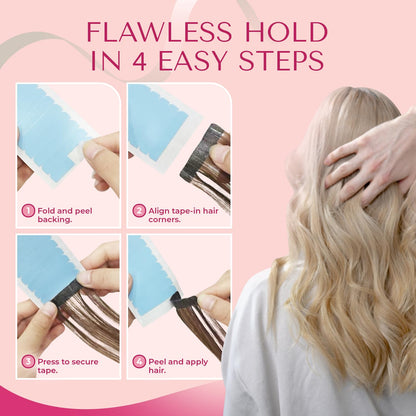 Water resistant clear adhesive strips for tape in hair extensions displayed on a plain surface