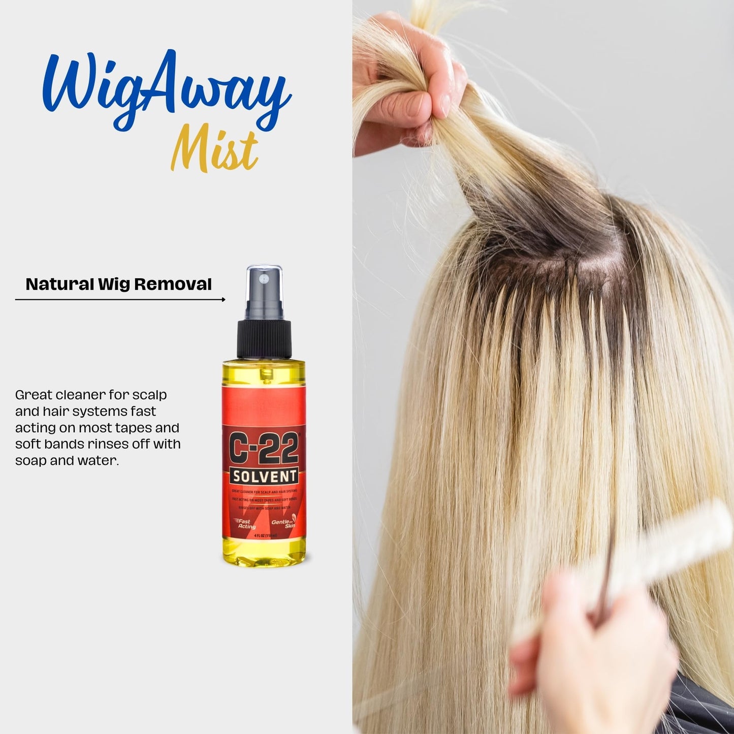 Walker Tape hair extension remover liquid spray being applied to dissolve lace wig glue residue.