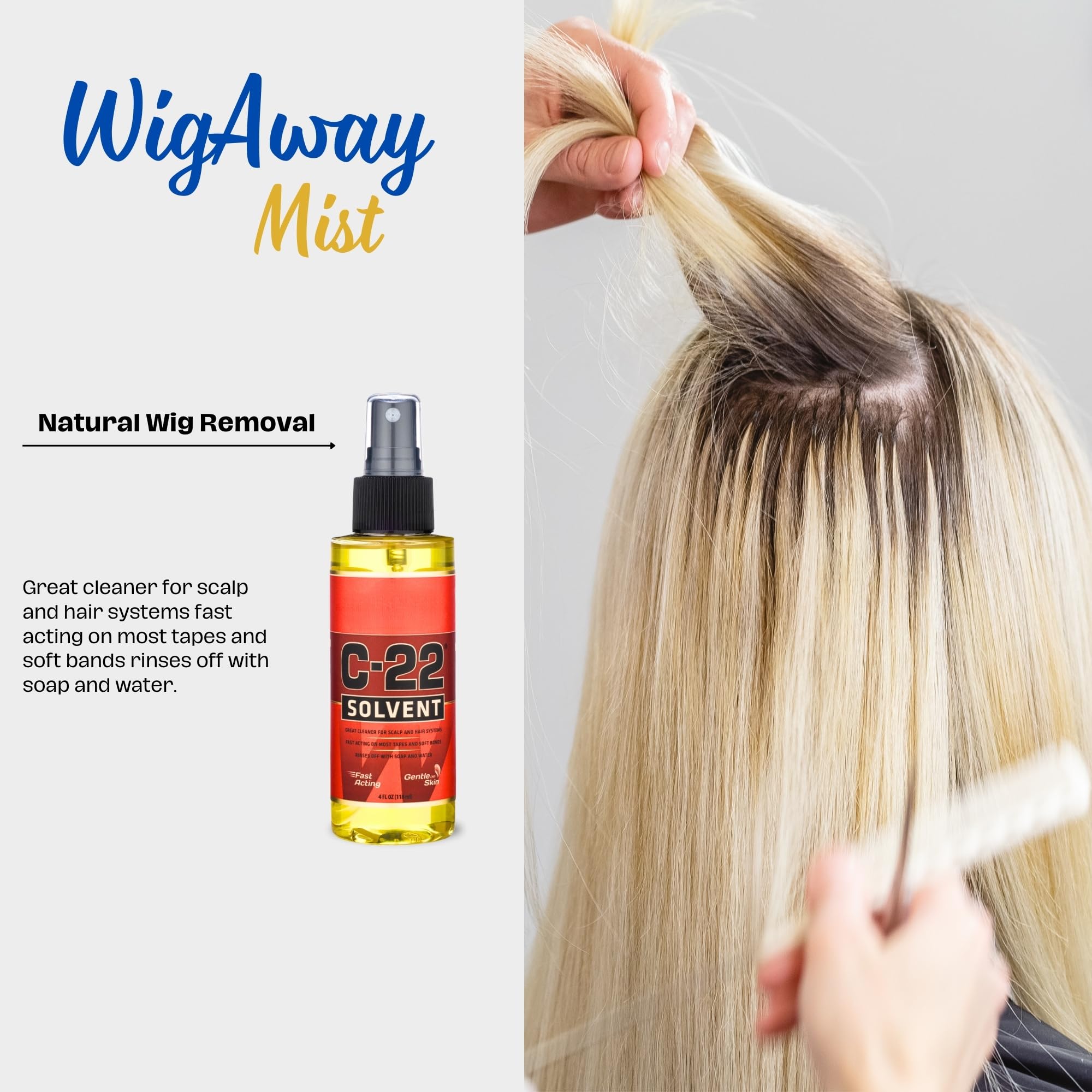 Walker Tape hair extension remover liquid spray being applied to dissolve lace wig glue residue.