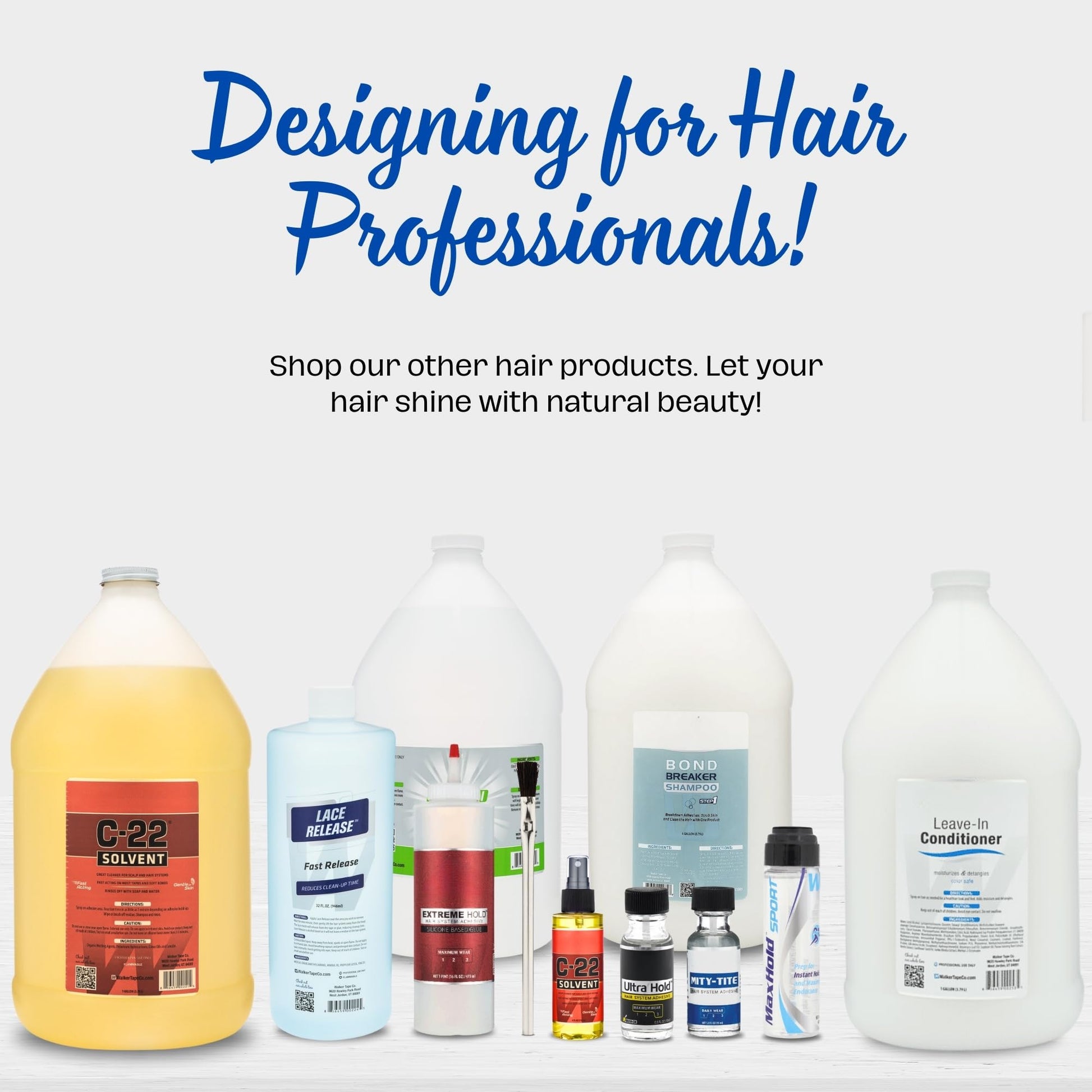 Side view of the professional hair system tape remover bottle detailing ingredients and manufacturing info.