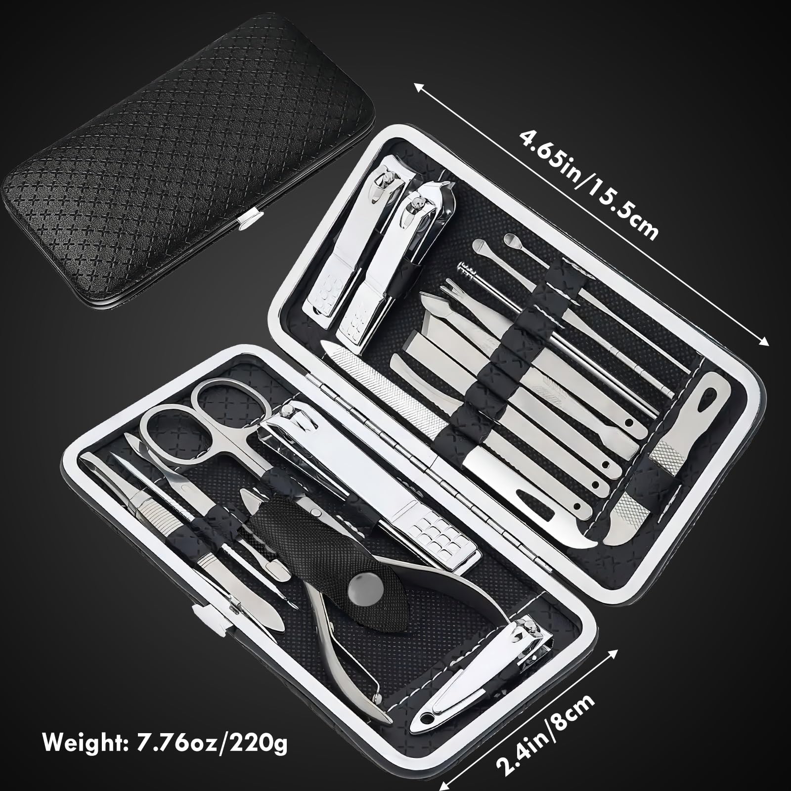 Full set of 19 stainless steel grooming tools laid out