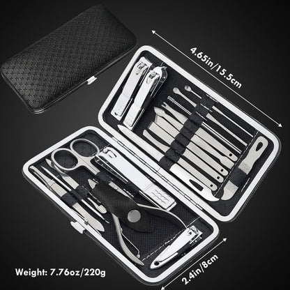 Full set of 19 stainless steel grooming tools laid out