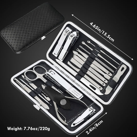 Full set of 19 stainless steel grooming tools laid out