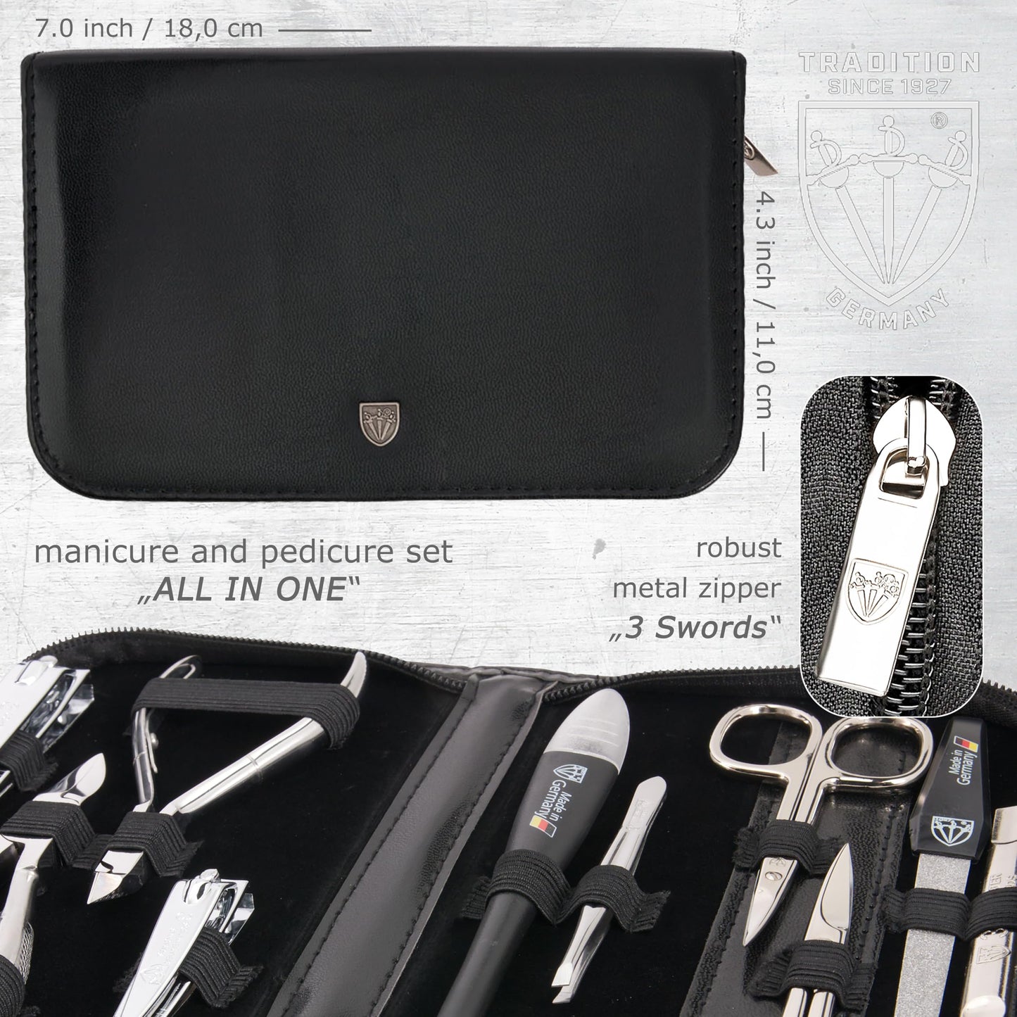 Top down view of 3 Swords Germany 10 piece grooming set