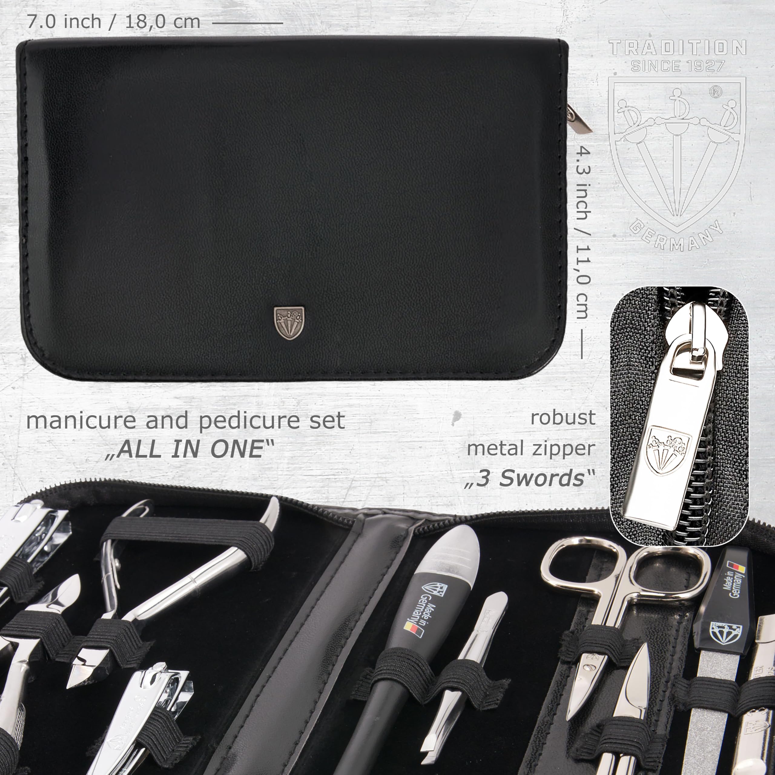 Top down view of 3 Swords Germany 10 piece grooming set