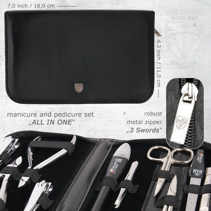 Top down view of 3 Swords Germany 10 piece grooming set