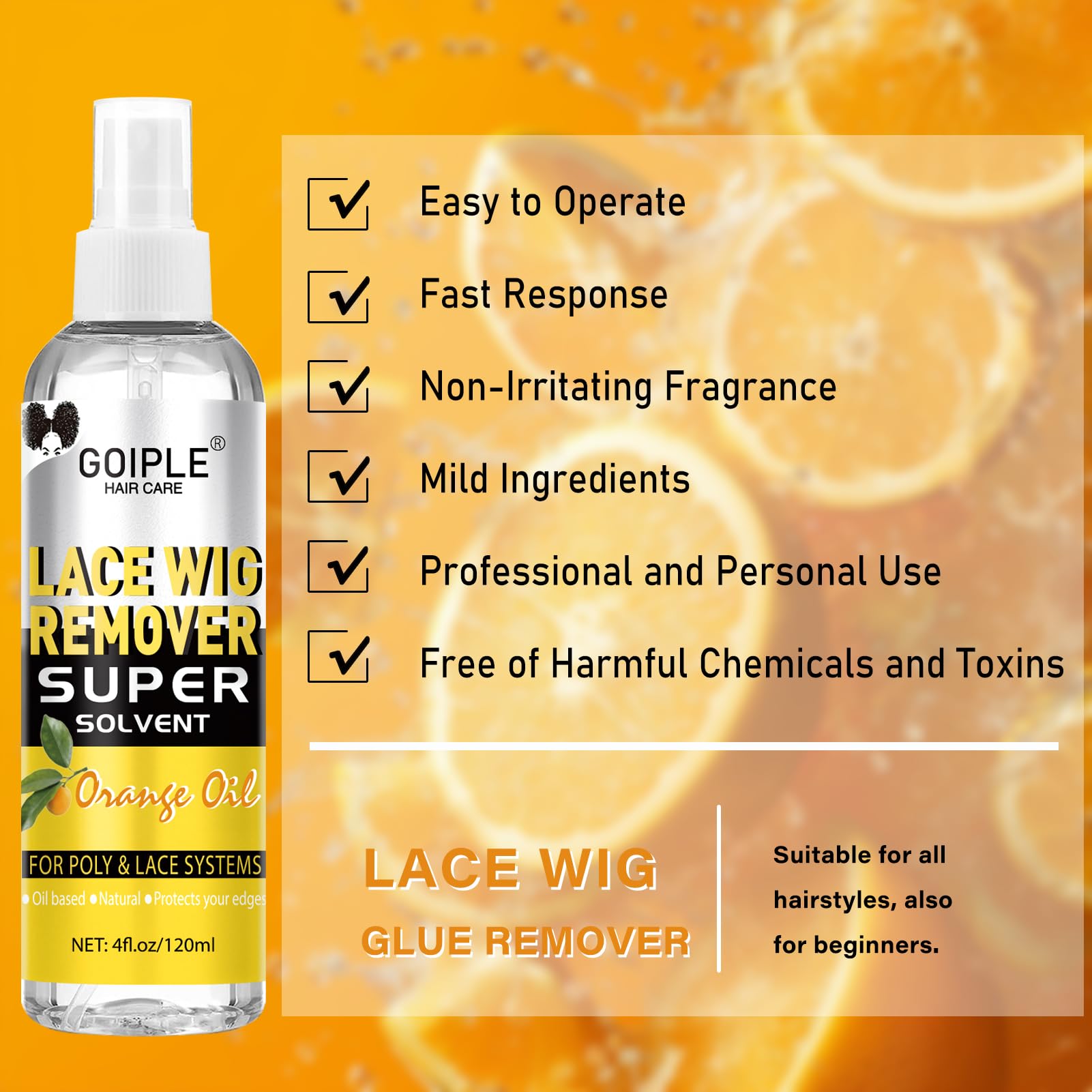 Side view of Goiple tape in extensions remover bottle displaying clean instructions and fluid ounce markings.