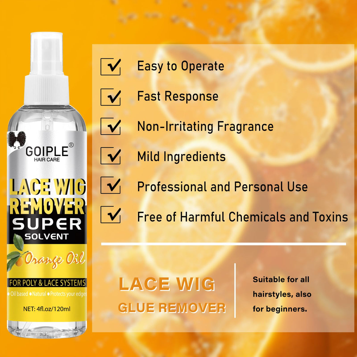 Side view of Goiple tape in extensions remover bottle displaying clean instructions and fluid ounce markings.