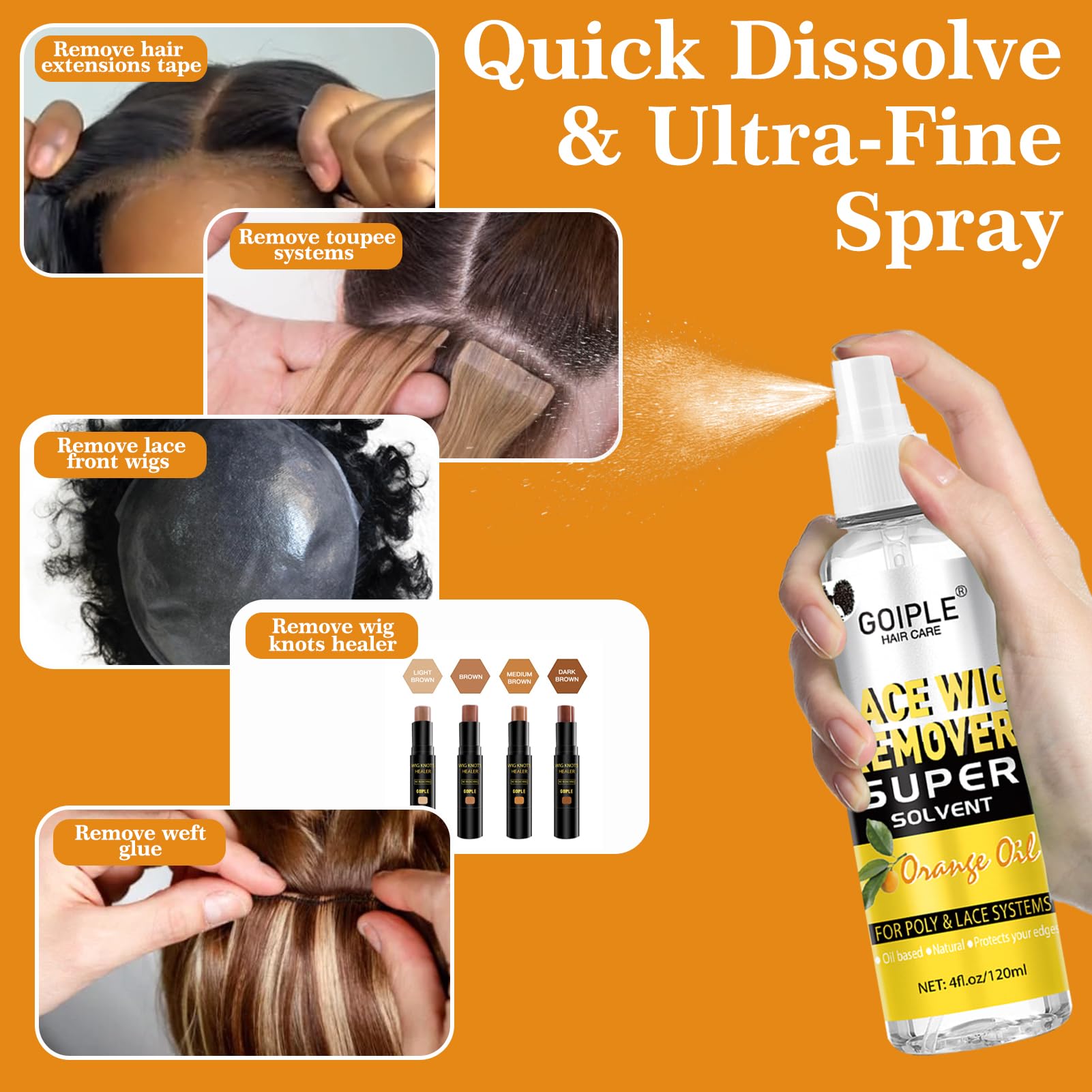 Goiple solvent based formula for safe hair patch and lace front wig tape removal on a solid studio backdrop.