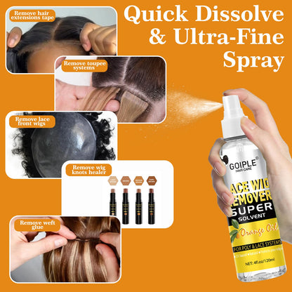 Goiple solvent based formula for safe hair patch and lace front wig tape removal on a solid studio backdrop.