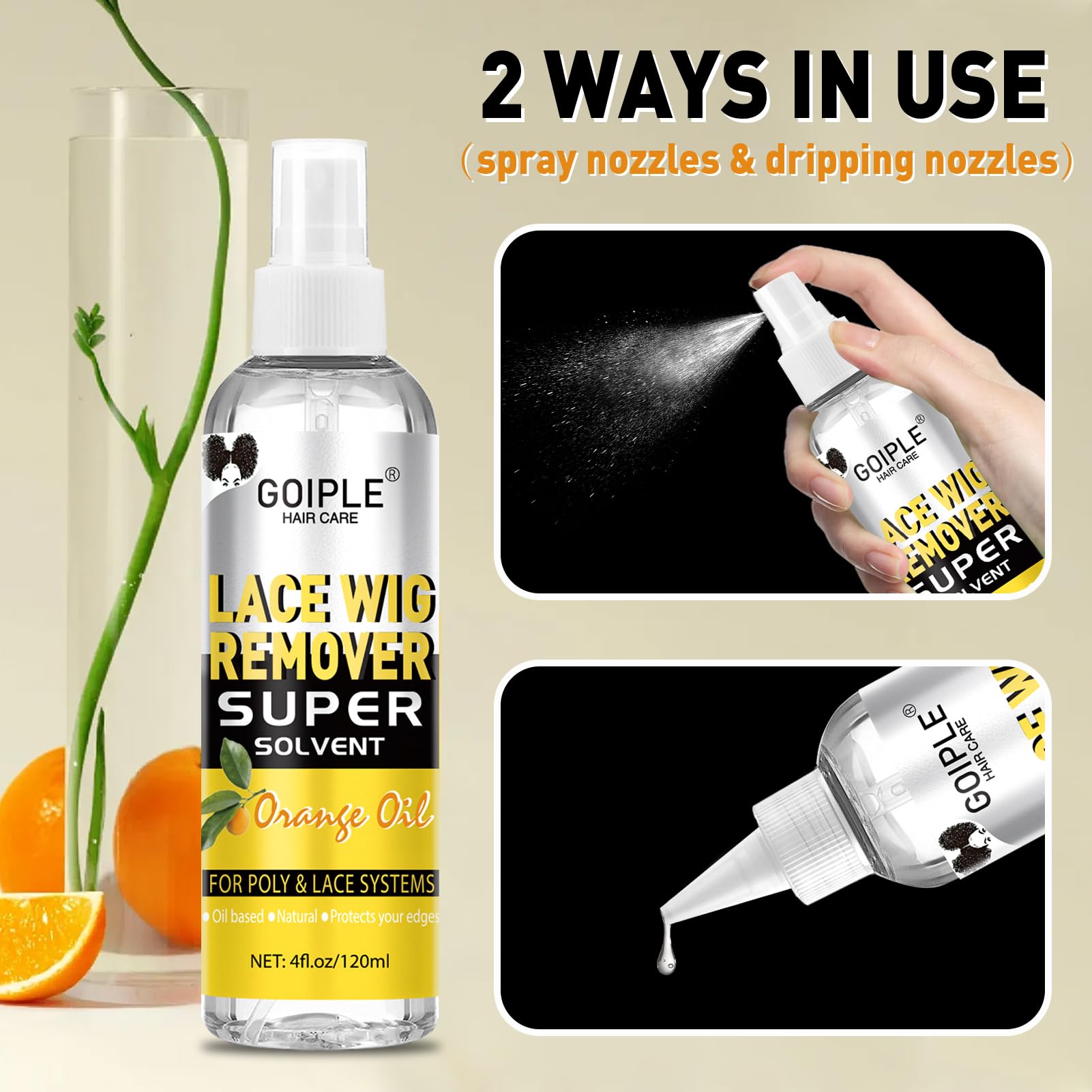 Goiple hair glue remover solution pouring application demonstration highlighting its clear liquid consistency.