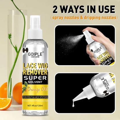 Goiple hair glue remover solution pouring application demonstration highlighting its clear liquid consistency.