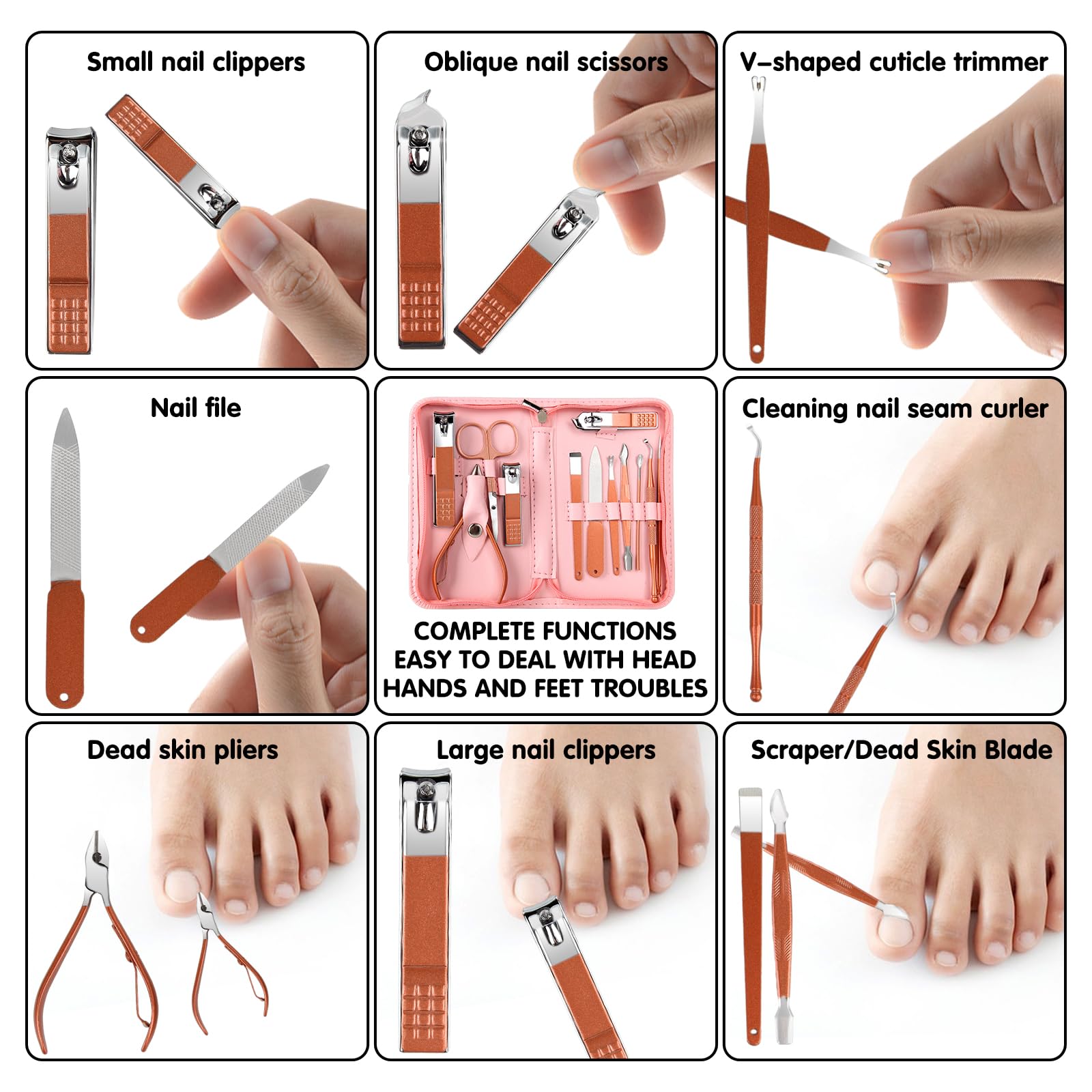 Detailed view of stainless steel nail care instruments