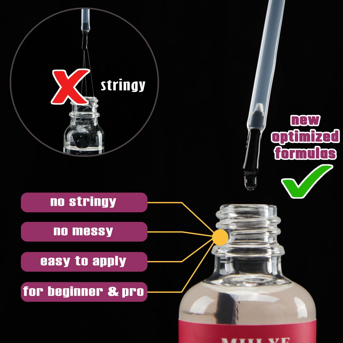 Waterproof hair patch adhesive bottle with brush applicator showing the clear fluid consistency