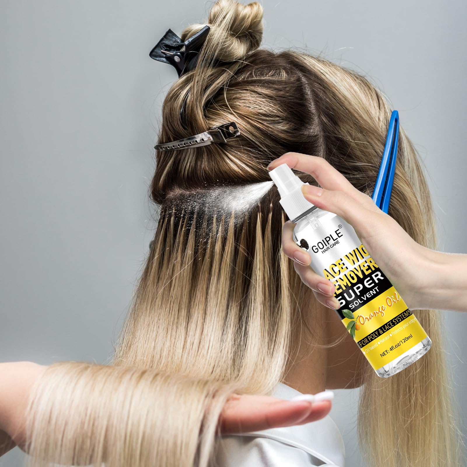 Goiple professional strength lace wig bond remover packaging showing ingredients and safe application steps.