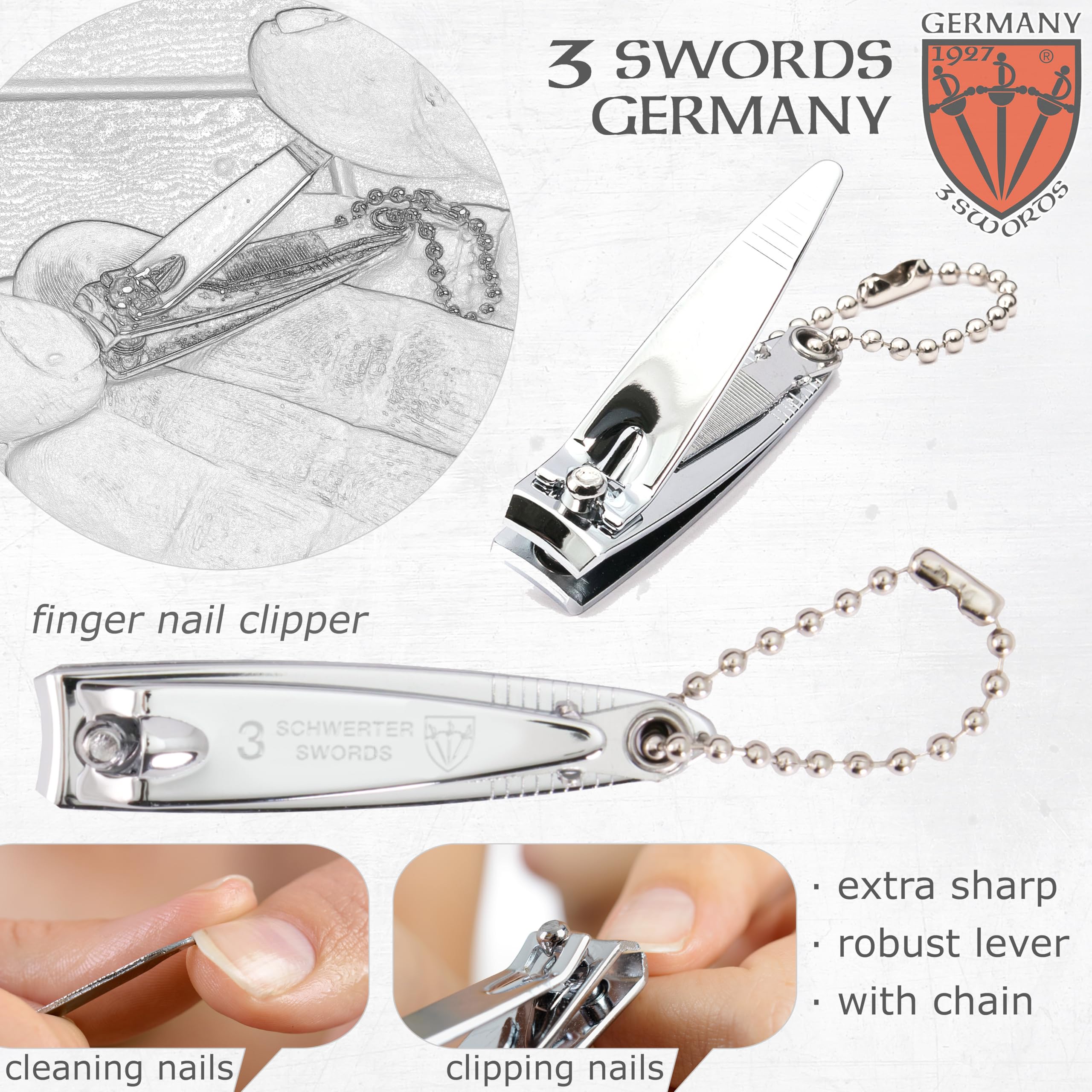Close up of 3 Swords Germany nail clippers and tweezers