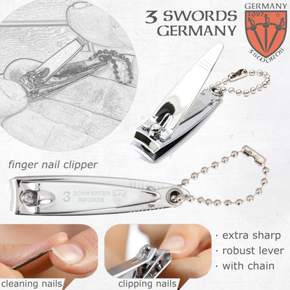 Close up of 3 Swords Germany nail clippers and tweezers