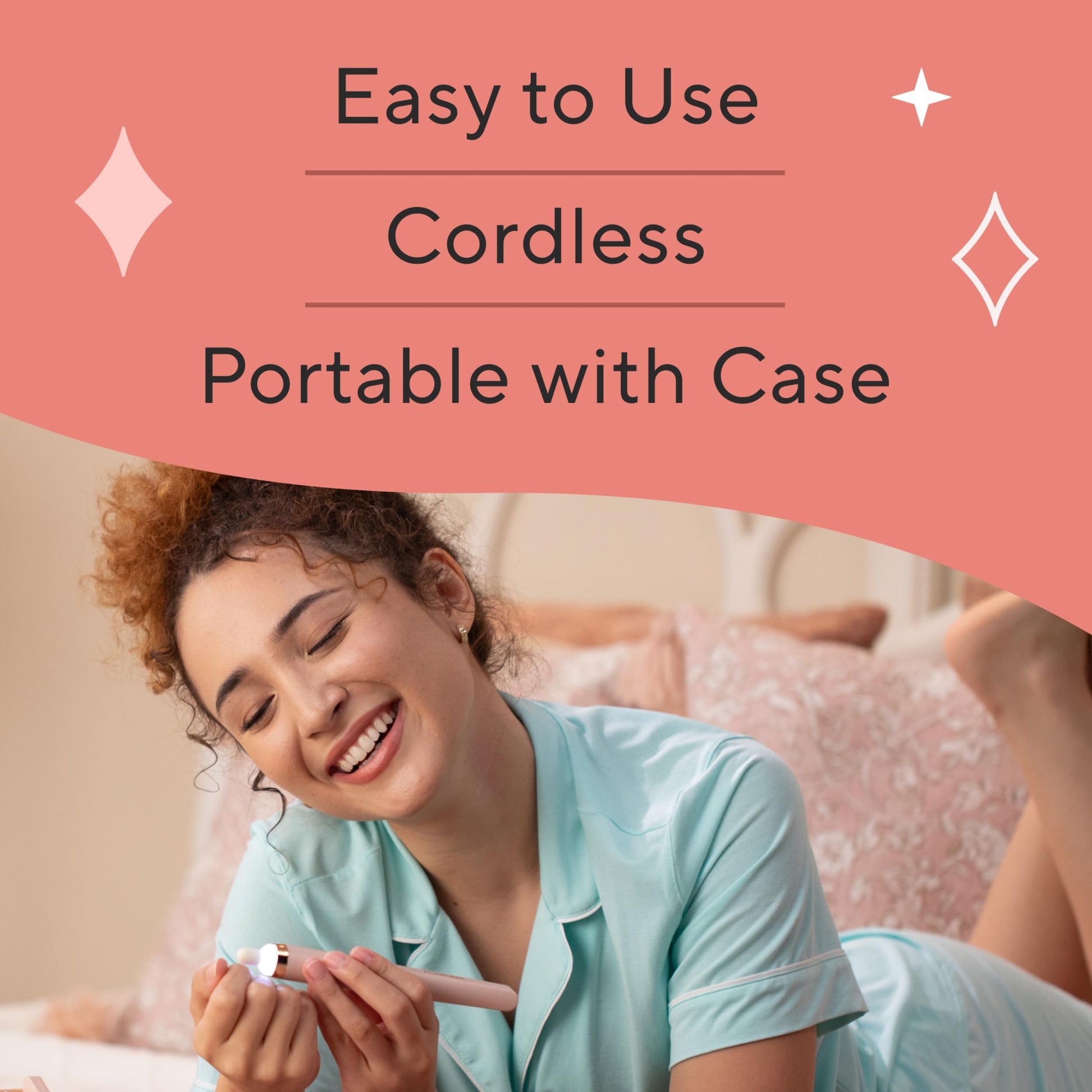 Woman using cordless nail file for at home manicure
