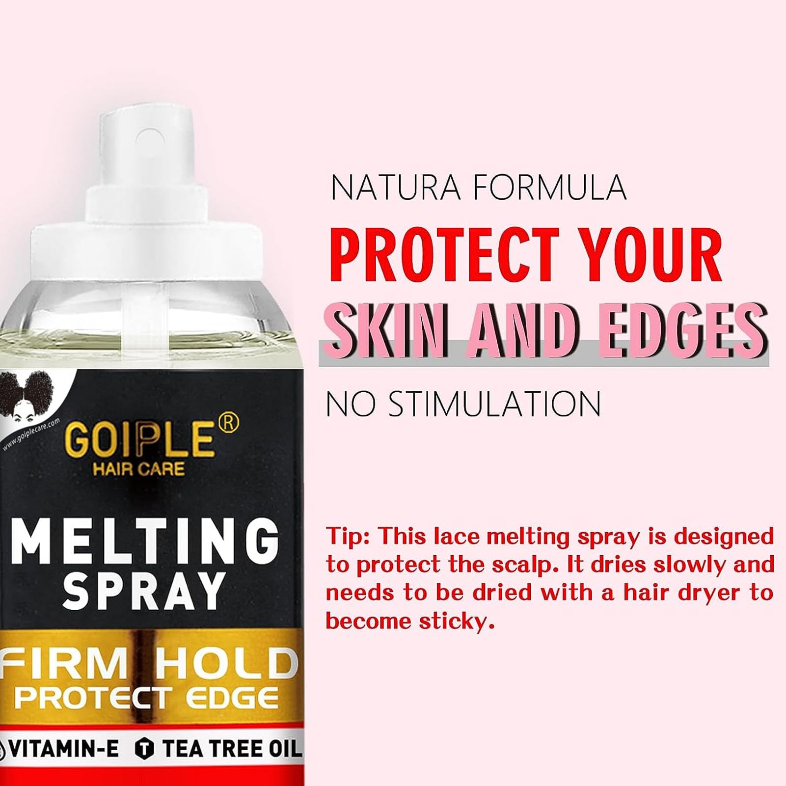 Glueless wig adhesive melting spray bottle displayed with an elastic band and edge control accessories.