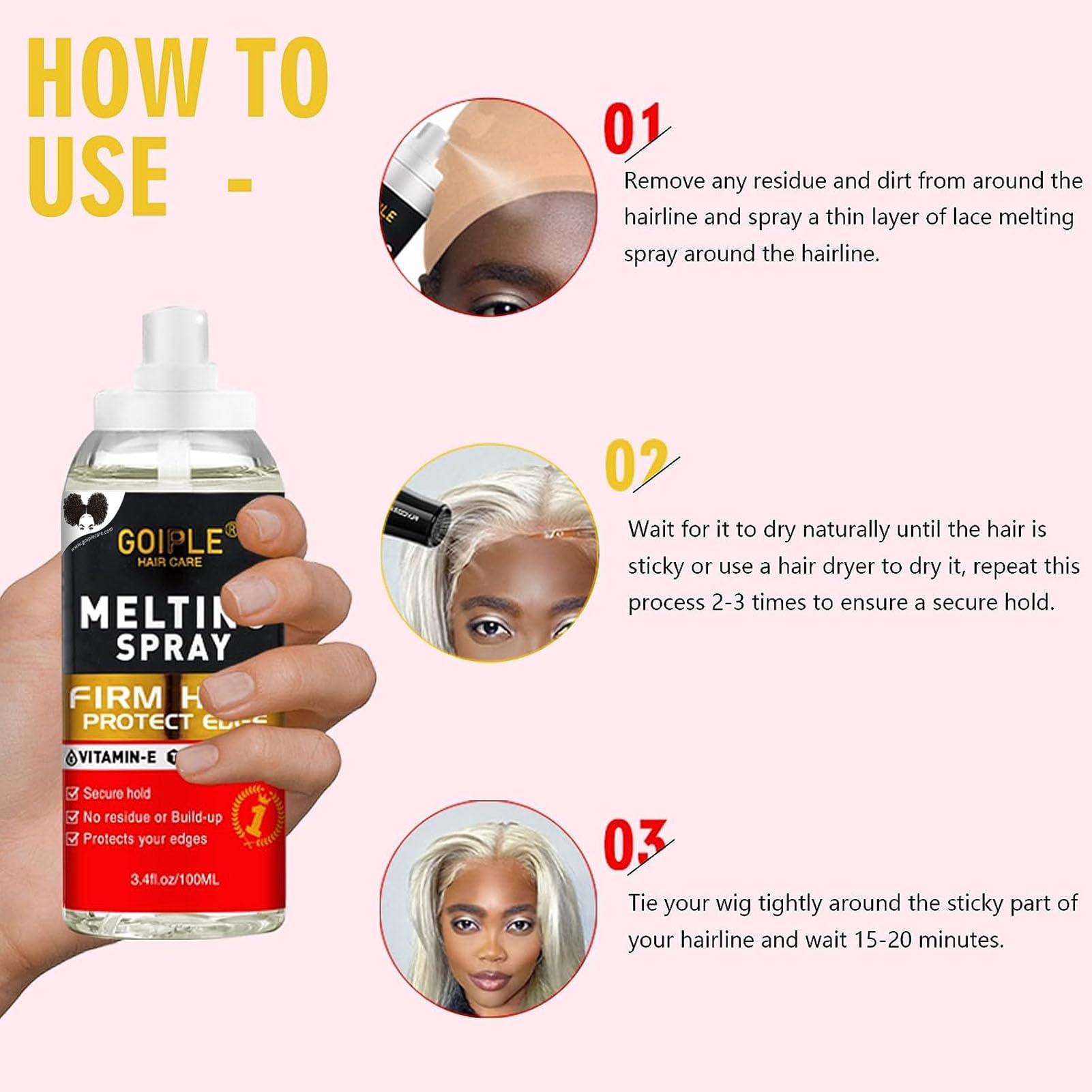 Back label of the premium USA imported wig melting spray showing guidelines and precautions.