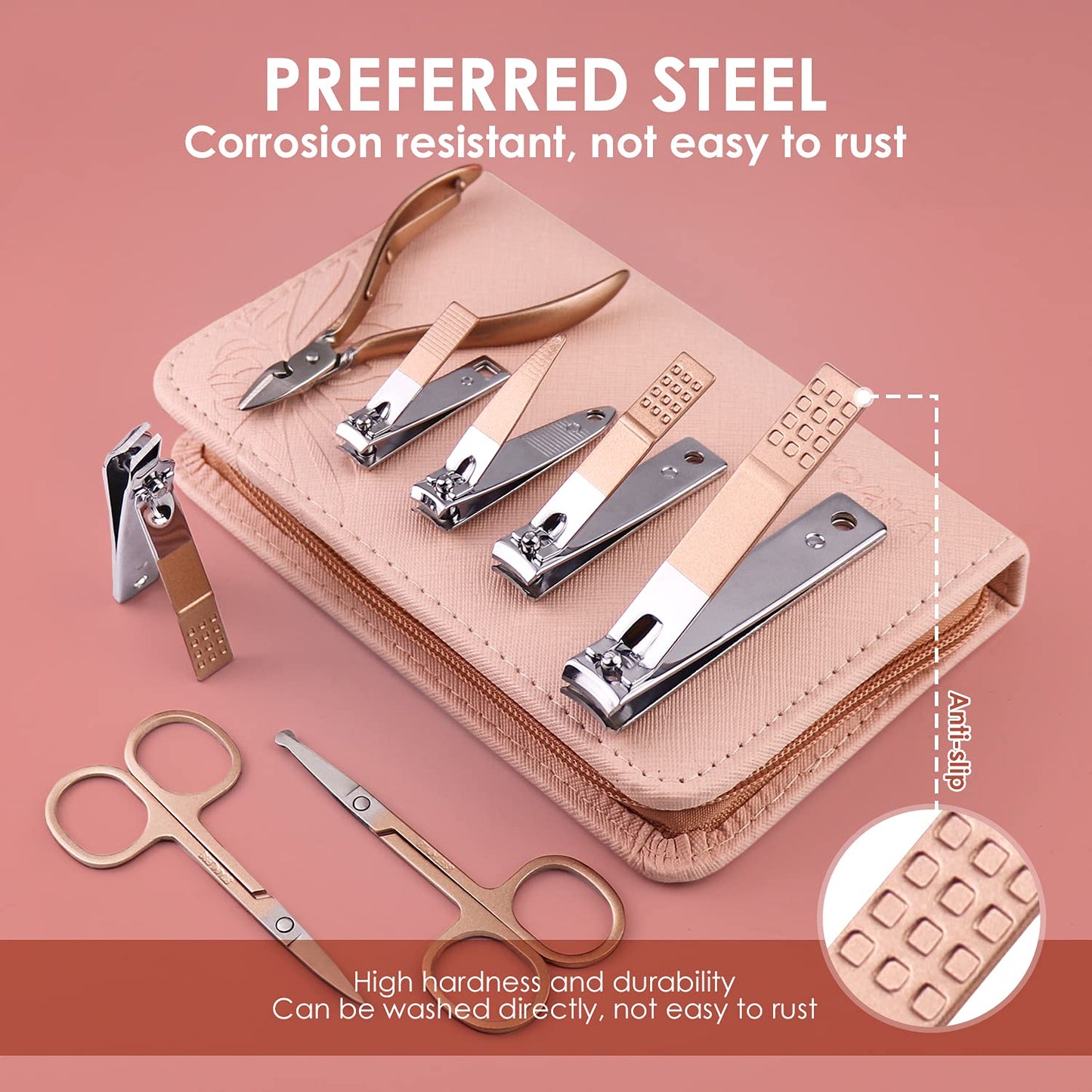 Top view of Woama professional stainless steel manicure accessories