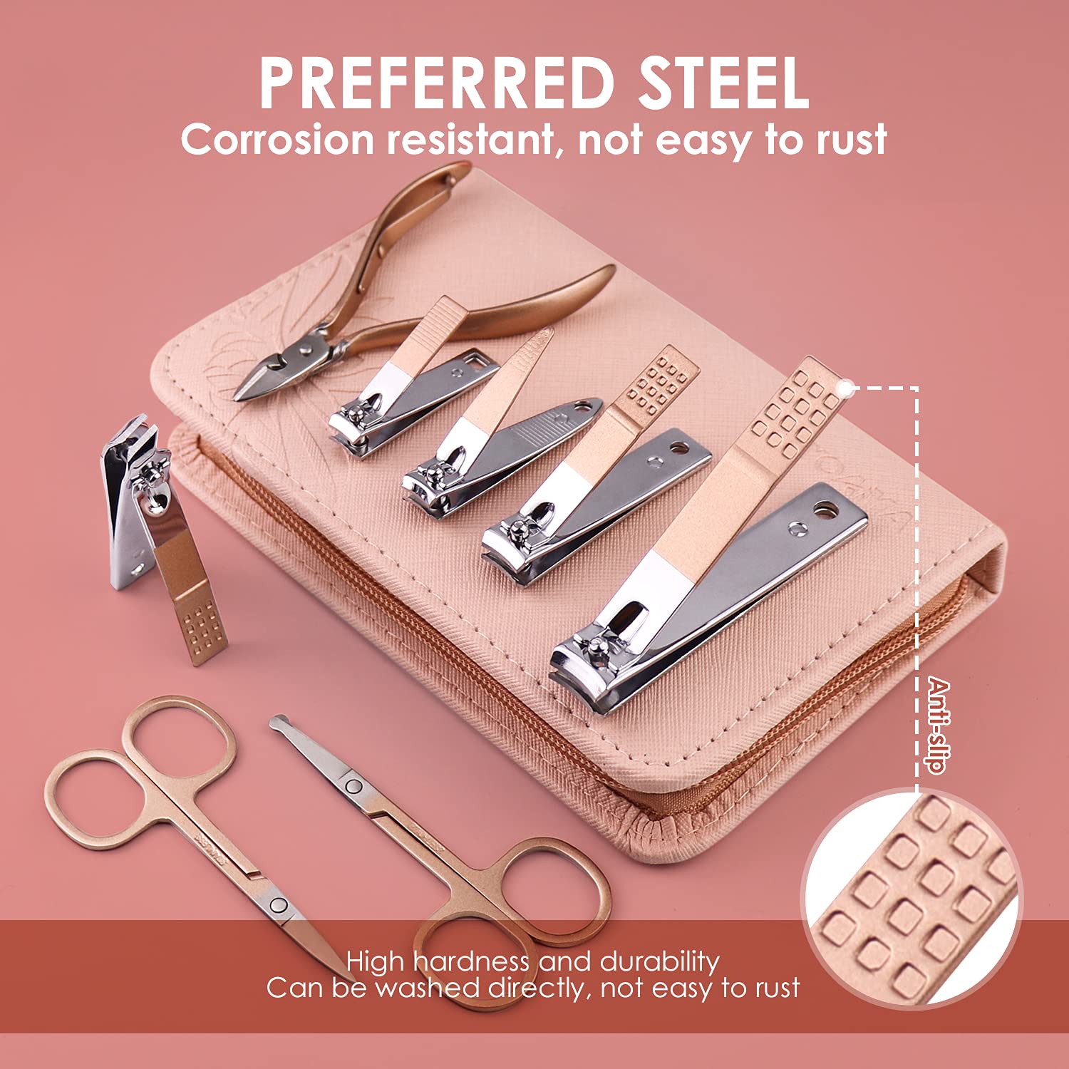 Top view of Woama professional stainless steel manicure accessories