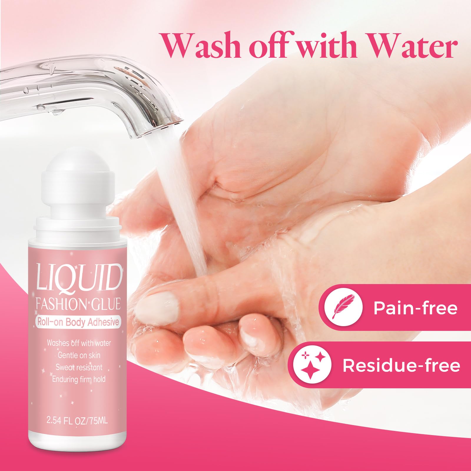 Application of roll on body adhesive on skin for garments