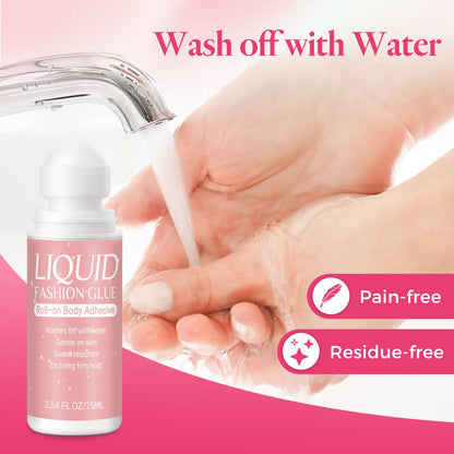 Application of roll on body adhesive on skin for garments