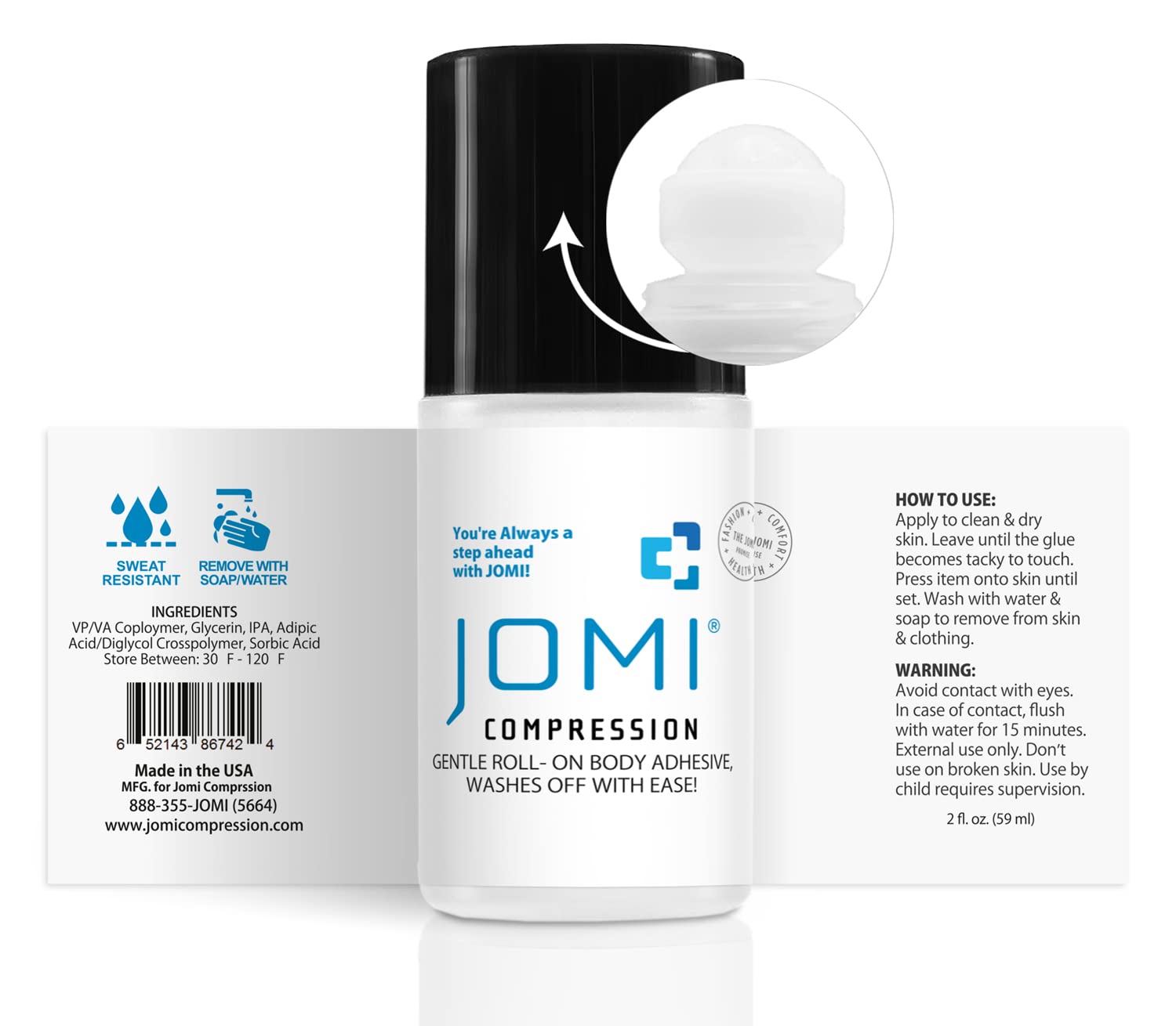 Two ounce bottle of Jomi Compression sweat resistant skin adhesive for clothing security