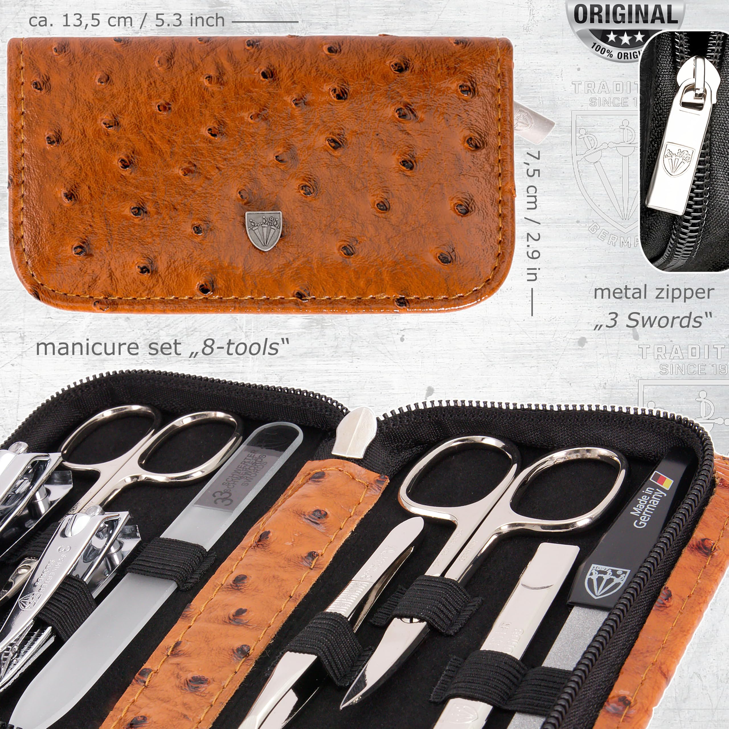 Top view of 3 Swords Germany manicure set with tools arranged neatly