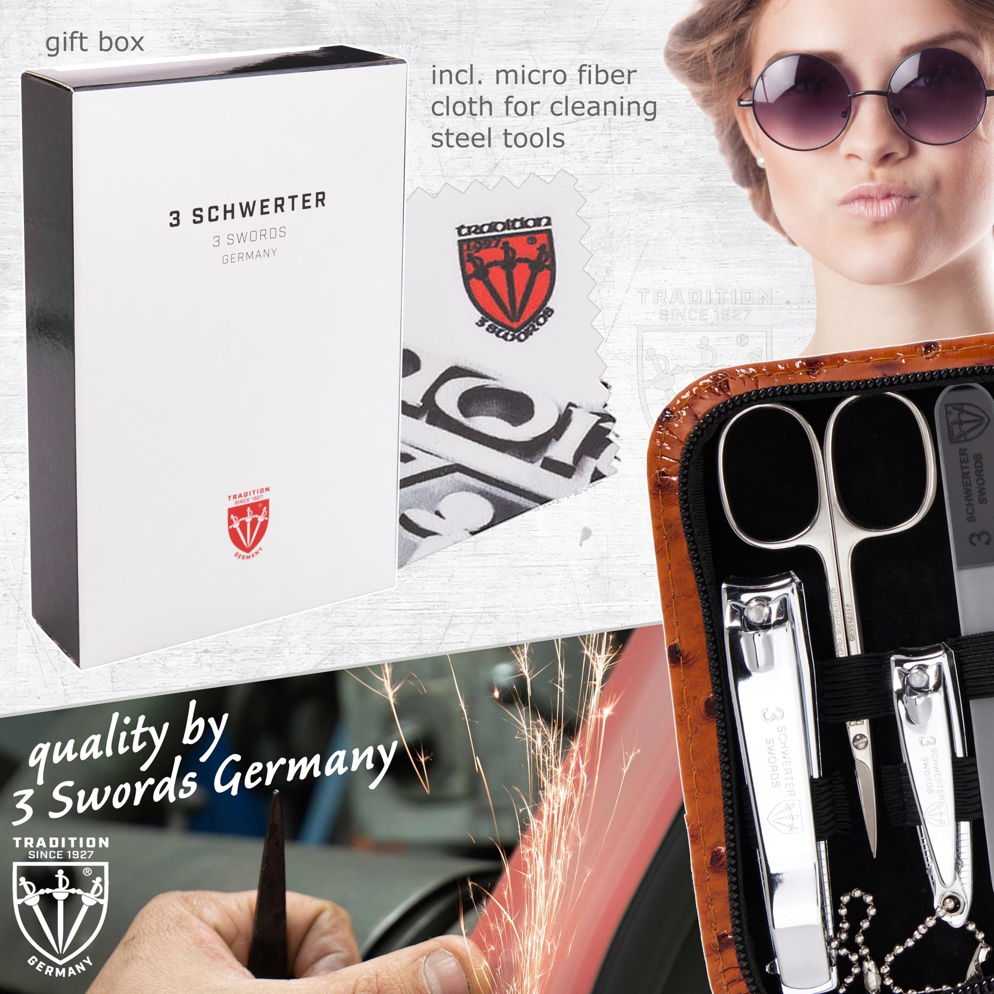 Detail shot of German engineered nail file and tweezers from 3 Swords