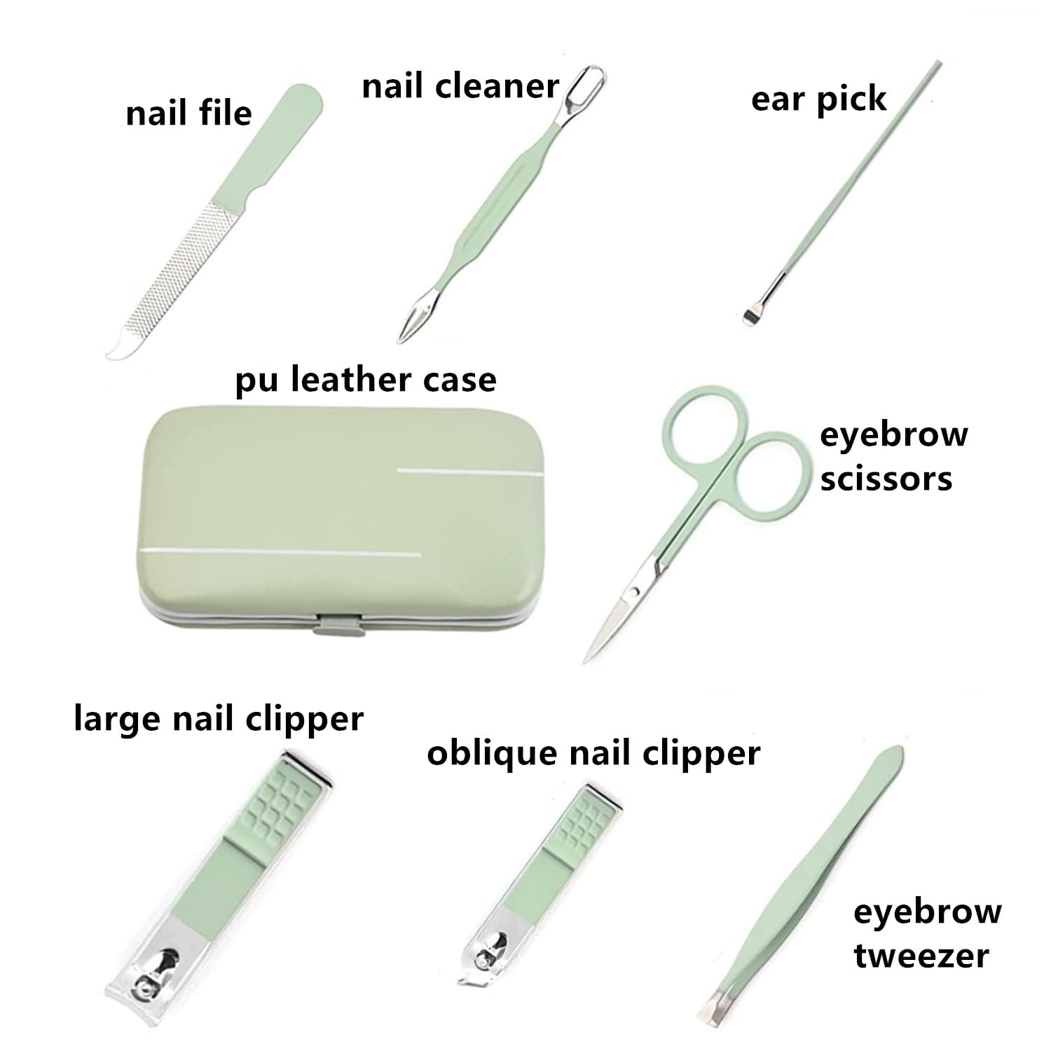 Close up of stainless steel nail care tools in green handles
