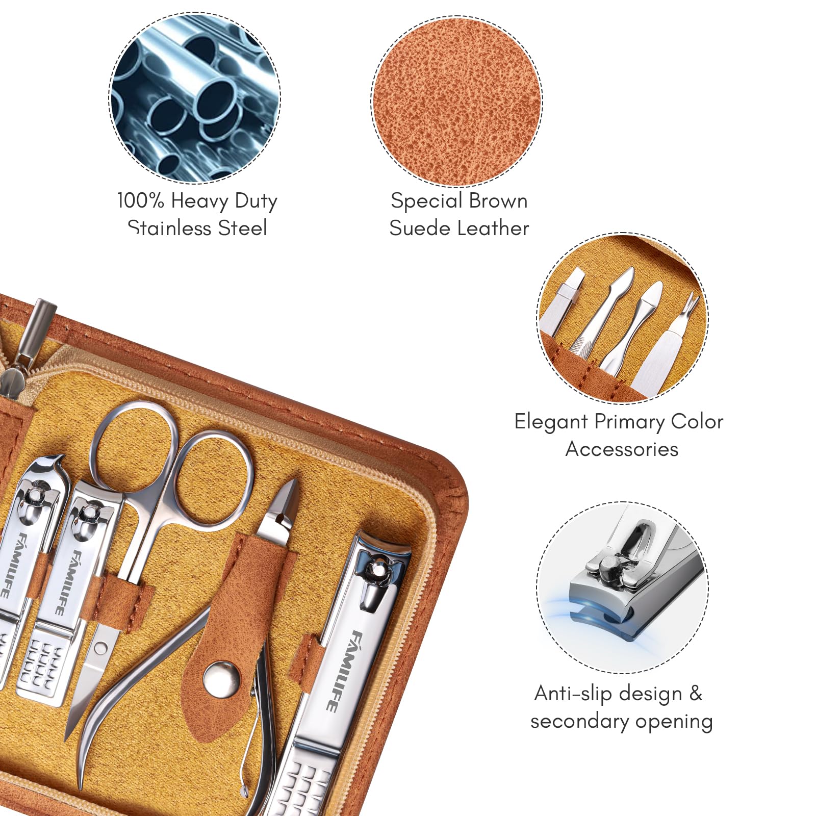 Close up of Familife stainless steel nail clippers and pedicure tools