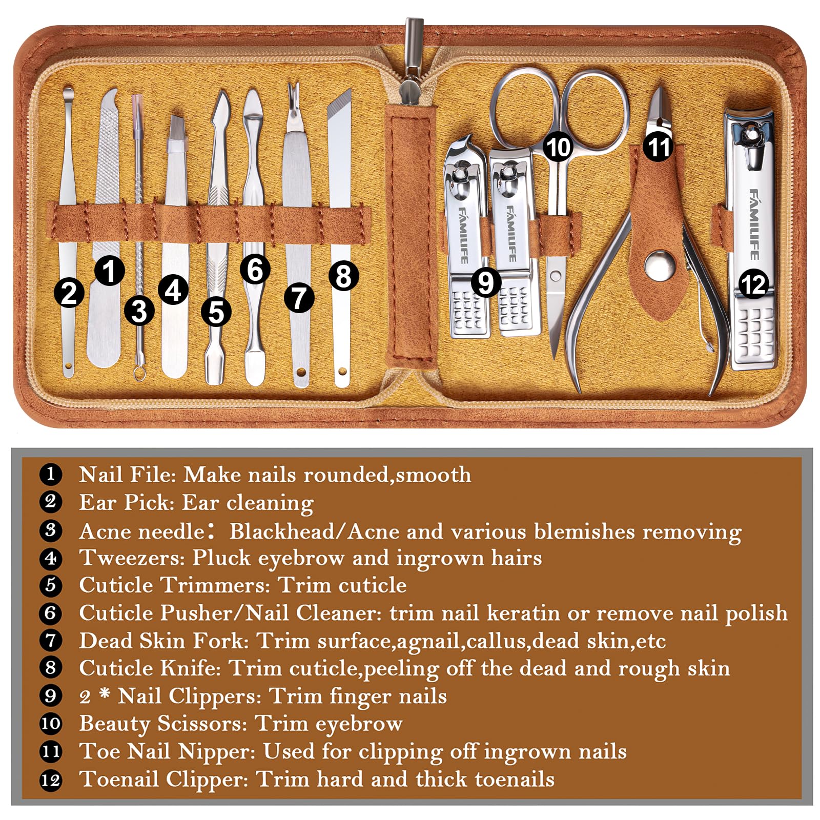 Familife manicure kit inside brown leather travel case