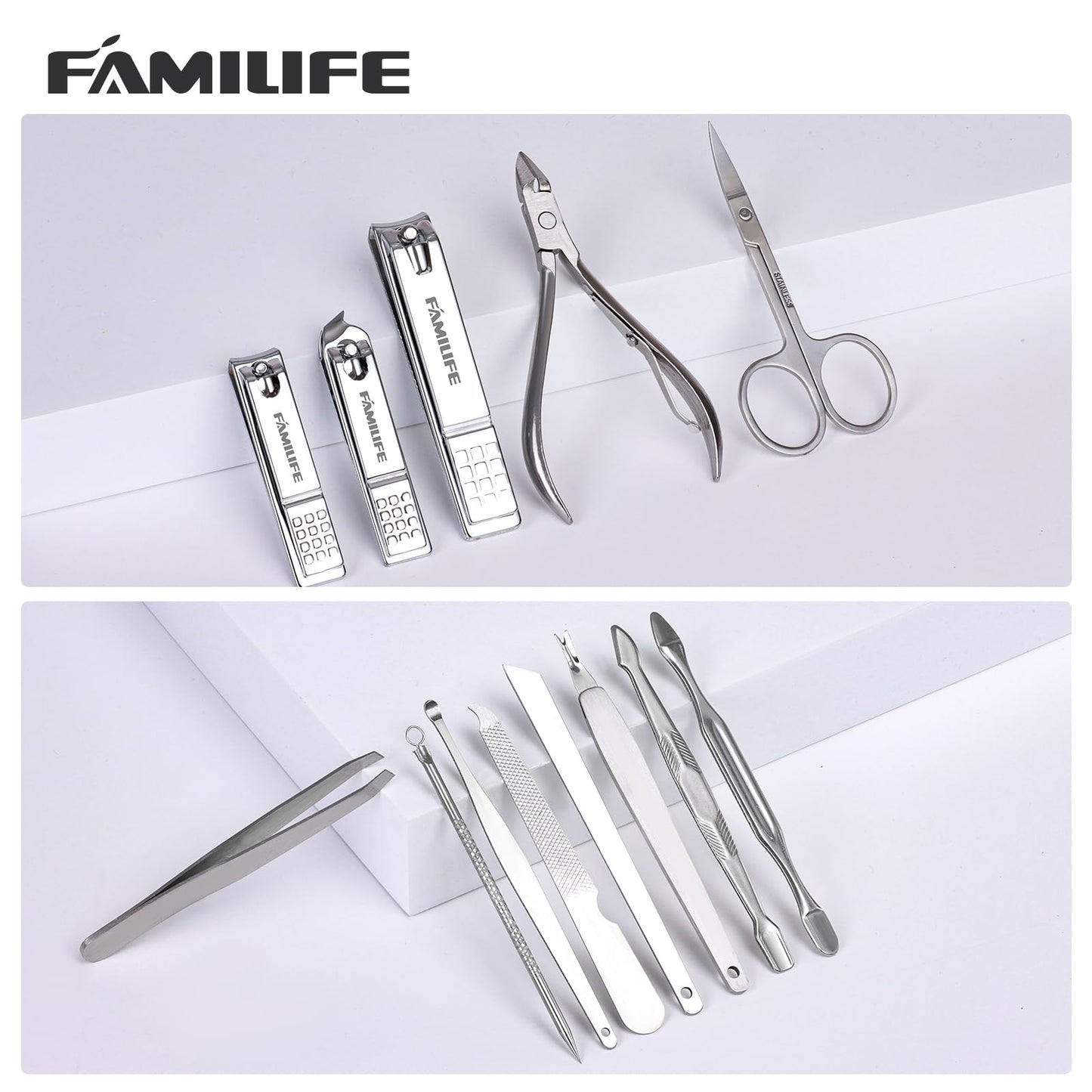 Familife nail care kit tools arranged on a white background
